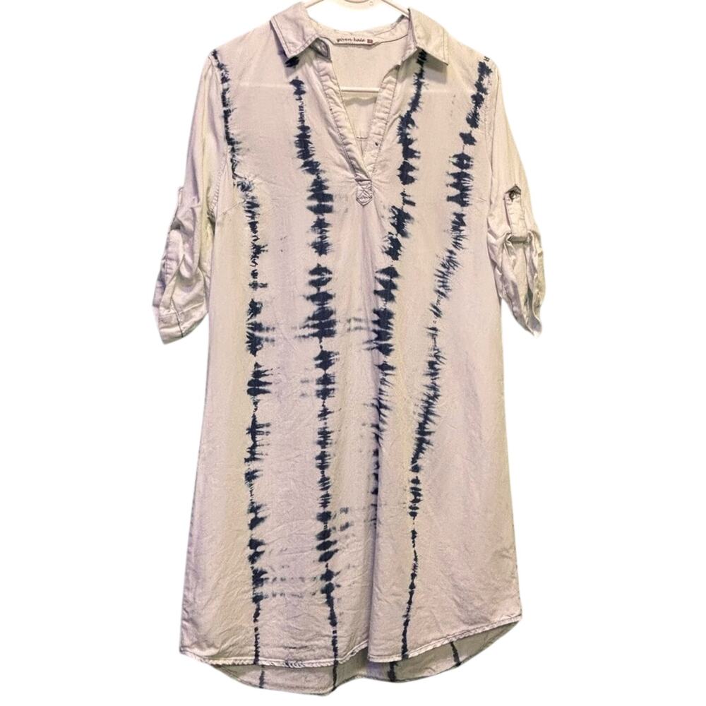 Given Kale Women’s Casual White and Blue Tie Dye Notched Collar Shirt Dress